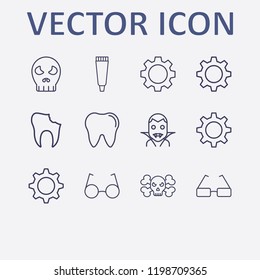 Outline 12 teeth icon set. tooth, broken tooth, gear, tooth paste, halloween vampire and halloween skeleton vector illustration