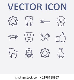 Outline 12 teeth icon set. halloween vampire, broken tooth, halloween vampire teeth, toothbrush and toothpaste, halloween tube and tooth vector illustration