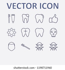 Outline 12 teeth icon set. halloween skeleton, halloween vampire, gear, human face, toothbrush and toothpaste and thumb up vector illustration