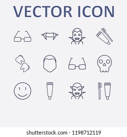 Outline 12 teeth icon set. tooth paste, toothbrush and toothpaste, smile, glasses, halloween skeleton and halloween vampire vector illustration