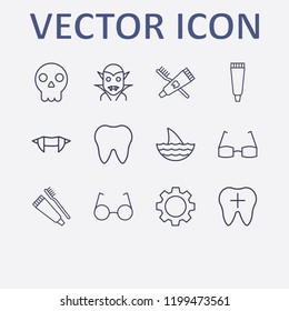 Outline 12 teeth icon set. toothbrush and toothpaste, glasses, halloween skeleton, halloween vampire teeth, gear and halloween vampire vector illustration