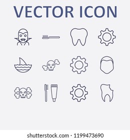 Outline 12 teeth icon set. human face, broken tooth, toothbrush, toothbrush and toothpaste, halloween vampire and halloween skeleton vector illustration