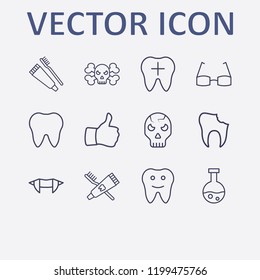Outline 12 teeth icon set. tooth, halloween tube, halloween vampire teeth, thumb up, glasses and broken tooth vector illustration