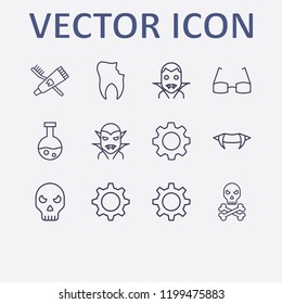 Outline 12 teeth icon set. halloween skeleton, halloween tube, gear, halloween vampire, toothbrush and toothpaste and glasses vector illustration