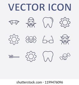 Outline 12 teeth icon set. halloween skeleton, tooth, gear, toothbrush, glasses and halloween vampire teeth vector illustration