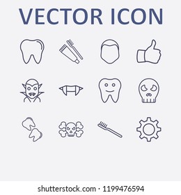 Outline 12 teeth icon set. halloween vampire teeth, human face, thumb up, toothbrush, halloween skeleton and toothbrush and toothpaste vector illustration