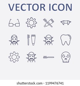 Outline 12 teeth icon set. toothbrush, toothbrush and toothpaste, halloween vampire teeth, tooth, gear and halloween skeleton vector illustration