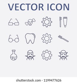 Outline 12 teeth icon set. halloween vampire, tooth, halloween tube, toothbrush and toothpaste, gear and toothbrush vector illustration