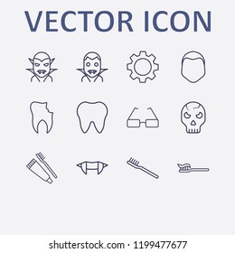 Outline 12 teeth icon set. human face, halloween skeleton, toothbrush and toothpaste, gear, halloween vampire and tooth vector illustration