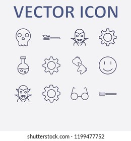 Outline 12 teeth icon set. halloween tube, tooth, halloween vampire, halloween skeleton, gear and glasses vector illustration