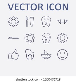 Outline 12 teeth icon set. toothbrush and toothpaste, smile, gear, thumb up, halloween vampire teeth and tooth vector illustration