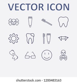 Outline 12 teeth icon set. toothbrush and toothpaste, tooth, glasses, halloween vampire teeth, toothbrush and broken tooth vector illustration