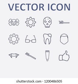 Outline 12 teeth icon set. toothbrush, halloween skeleton, tooth paste, glasses, halloween vampire teeth and broken tooth vector illustration