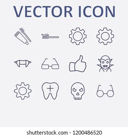 Outline 12 teeth icon set. thumb up, toothbrush and toothpaste, halloween skeleton, toothbrush, halloween vampire teeth and gear vector illustration
