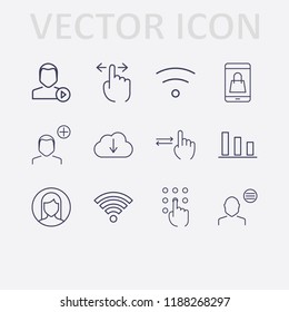 Outline 12 touch icon set. finger swipe, wi fi signal, add user, user menu, user play, pressing number, mobile shopping, woman user, wifi, cloud download and chart vector illustration