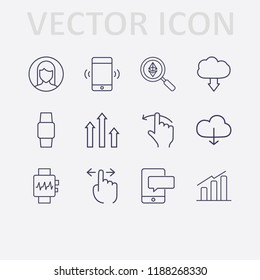 Outline 12 touch icon set. cloud download, finger swipe, smartphone bubble chat, smartphone vibration, woman user, chart, ethereum search and smart watch vector illustration