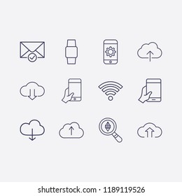 Outline 12 touch icon set. check message, cloud upload, ethereum search, hand with phone, hand with smartphone, smart watch, cloud download, wi fi signal and smartphone setting vector illustration