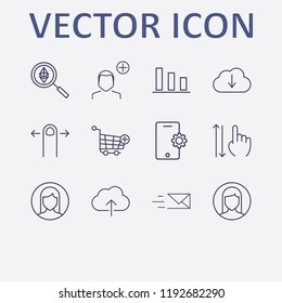 Outline 12 touch icon set. chart, send message, cloud upload, finger swipe, smartphone setting and add user vector illustration