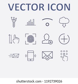 Outline 12 touch icon set. finger scanner, cloud download, chart, smart key, finger swipe and add user vector illustration