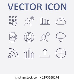 Outline 12 touch icon set. wifi, smart watch, woman user, add button, chart and cloud download vector illustration