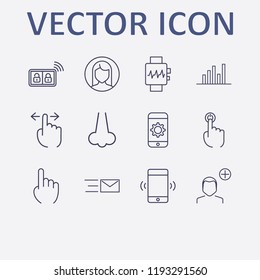 Outline 12 touch icon set. nose, smart watch, smart key, smartphone vibration, smartphone setting and woman user vector illustration