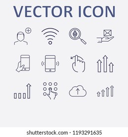 Outline 12 touch icon set. cloud upload, finger swipe, chart, add user, smartphone vibration and wifi vector illustration