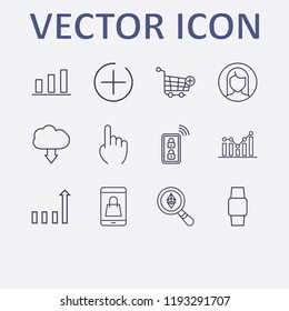Outline 12 touch icon set. add to shopping cart, ethereum search, smart key, chart, mobile shopping and add button vector illustration