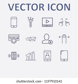 Outline 12 touch icon set. finger swipe, smart key, send message, media player, credit card setting and mobile shopping vector illustration