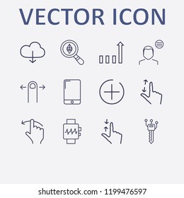Outline 12 touch icon set. user menu, smart watch, finger swipe, ethereum search, smartphone and add button vector illustration