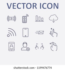 Outline 12 touch icon set. smart key, finger swipe, add user, hand scroll, chart and smartphone vector illustration