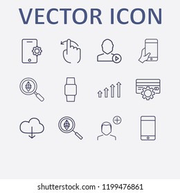 Outline 12 touch icon set. ethereum search, hand with phone, credit card setting, smart watch, add user and smartphone setting vector illustration