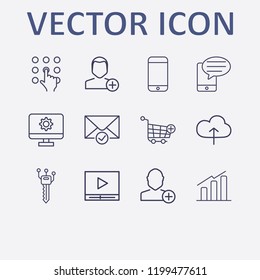 Outline 12 touch icon set. smartphone bubble chat, media player, cloud upload, smart key, check message and add user vector illustration