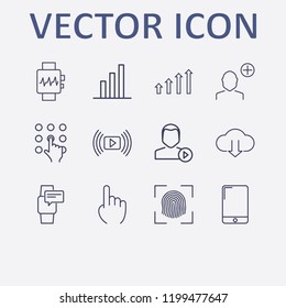 Outline 12 touch icon set. one finger, finger scanner, cloud download, pressing number, add user and user play vector illustration