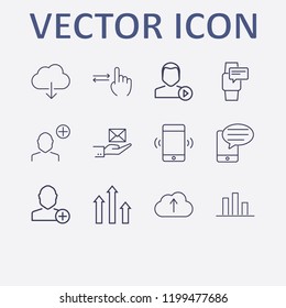 Outline 12 touch icon set. chart, smartphone vibration, smart watch chat, user play, finger swipe and cloud download vector illustration