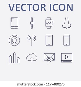 Outline 12 touch icon set. smart watch, nose, chart, cloud upload, check message and media player vector illustration