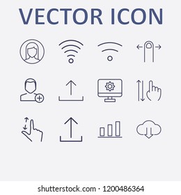 Outline 12 touch icon set. monitor setting, finger swipe, hand scroll, upload, chart and wifi vector illustration