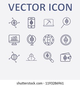 Outline 12 trade icon set. ethereum with smartphone, ethereum search, ethereum with globe, online mining, ethereum wallet and ship vector illustration