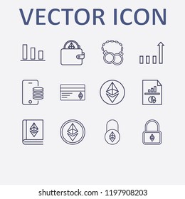 Outline 12 trade icon set. ethereum wallet, analytics document, chart, ethereum coin, ethereum book and shackles vector illustration