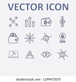 Outline 12 trade icon set. ethereum with watch, eye with bitcoin, ethereum location, network bitcoin, ship and ethereum network vector illustration
