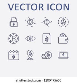 Outline 12 trade icon set. coin, eye, wallet, calendar, lock and ethereum with book vector illustration