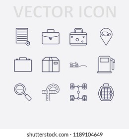 Outline 12 transport icon set. road, zoom out, remove document, box, quad, pet cage, car location, station pump, car chassis and suitcase vector illustration