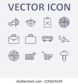 Outline 12 transport icon set. plane landing, radar, remove shopping cart, smart key, car shifter and bus vector illustration
