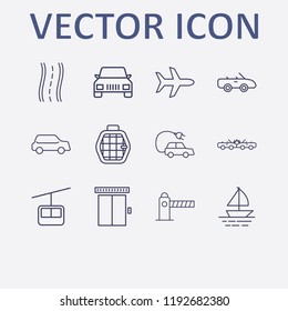 Outline 12 Transport Icon Set. Car, Car Crash, Pet Cage, Parking Barrier, Elevator And Electric Car Vector Illustration