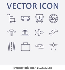 Outline 12 transport icon set. airplane landing, bus, escalator up, road, forbidden taxi and box trolley vector illustration