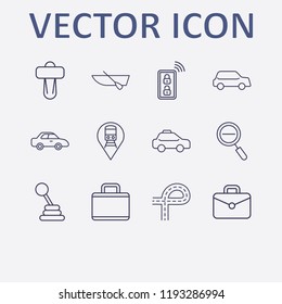 Outline 12 transport icon set. smart key, zoom out, boat, train location, car and suitcase vector illustration