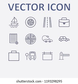 Outline 12 transport icon set. bus stop, parking barrier, tire, boat, suitcase and advertising board vector illustration