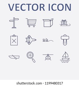 Outline 12 transport icon set. zoom, boat, shopping cart, airplane, clipboard remove and sled in gift vector illustration