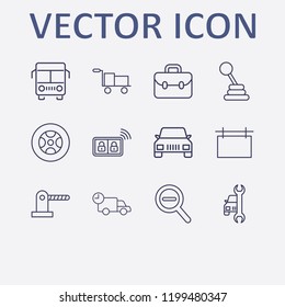 Outline 12 Transport Icon Set. Parking Barrier, Box Trolley, Speed Shifter, Car Service, Delivery And Suitcase Vector Illustration