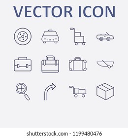 Outline 12 transport icon set. box trolley, car, car wheel, boat, zoom and taxi vector illustration