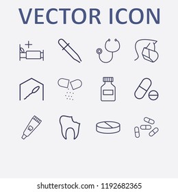 Outline 12 treatment icon set. pipette, broken tooth, pill, pills, sperm bank and toothpaste tube vector illustration